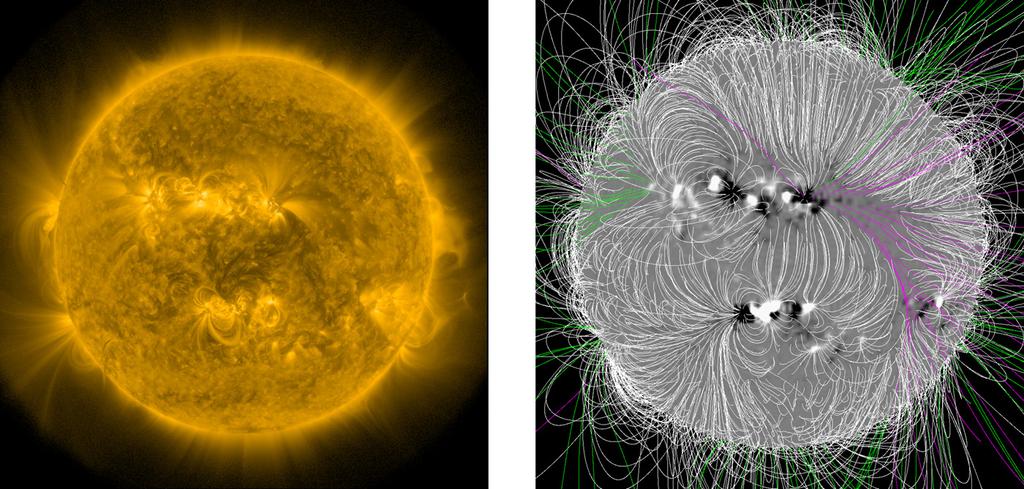 Figure 1. Full disk images on 2012 July 02. Left: an image from AIA 171 Å at 18:04:11 UT. Right: magnetic field topology, full-sun extrapolation using the potential field source surface model.