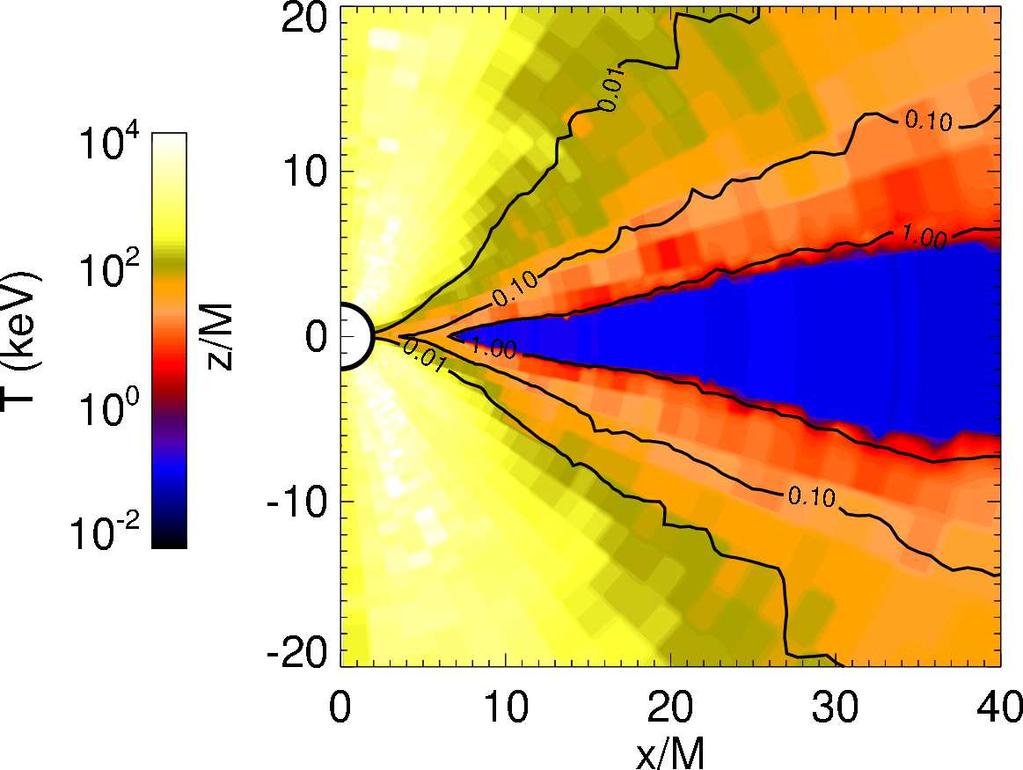 Black Hole X-ray Spectra from Simulations 7 Figure 3. The electron temperature map produced by pandurata for the same slice of data shown in Figure 2 (M = 10M, ṁ = 0.01).