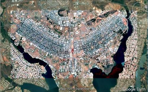 Figure 1. Brasilia as seen from the International Space Station (Courtesy NASA). Figure 2. Brasilia from Google Earth, oriented as in the Pilot Plan drawn by Lucio Costa.