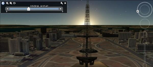 Figure 5: Simulation of the sunrise on February 5, observed from the western end of the Axis (TV tower and buildings included).