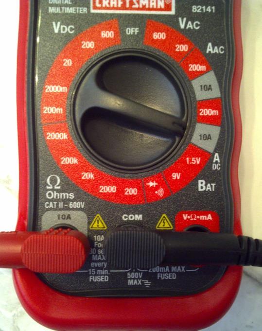 12. Turn the multimeter dial to the 10A (DC) position. 13.