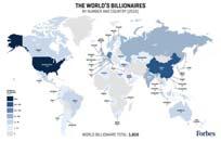 Mapping Billionaires Standard Thematic Map: Uses color intensity to show headcount within a country s land area and shape.