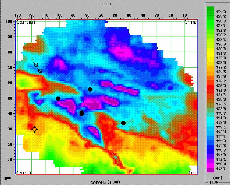 Royle FIG. 6. Colony time-structure map. COLONY (Amplitude) Colony channel Crevasse splay Colony channel FIG. 7. Colony amplitude map. AVO response for the Colony.