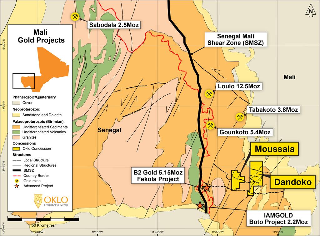 Figure 1: Location of Dandoko and Moussala Gold Projects in We Mali Over the coming months, a series of early to advanced age targets will be drill teed as part of an approved 47,000m program fully