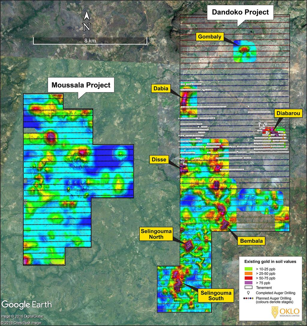 Figure 2: Planned and completed auger drill hole locations over gold-in-soil anomalies Following cessation of the wet season, the further drying and reduction of water levels at river crossings will