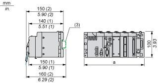 Product data sheet Dimensions Drawings BMXART0814 Modules Mounted on Racks Dimensions (1) With removable terminal block (cage, screw or spring). (2) With FCN connector.