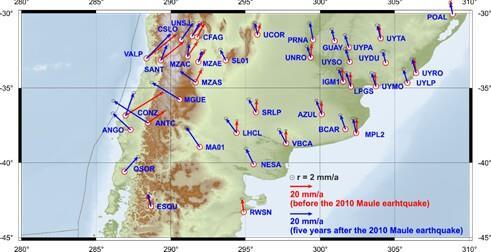 Velocity changes after the Maule (Chile) earthquake 2010 The velocity change extends between latitude