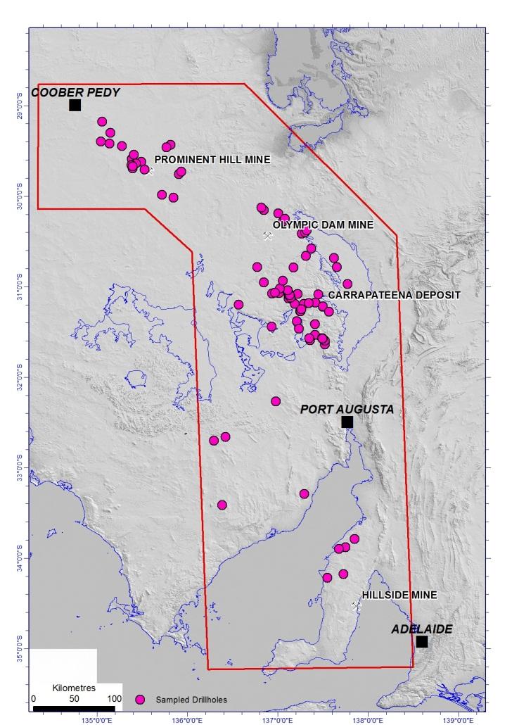 Figure 1. Location of drill holes sampled within the Olympic Cu-Au Province (red outline), Gawler Craton, South Australia.