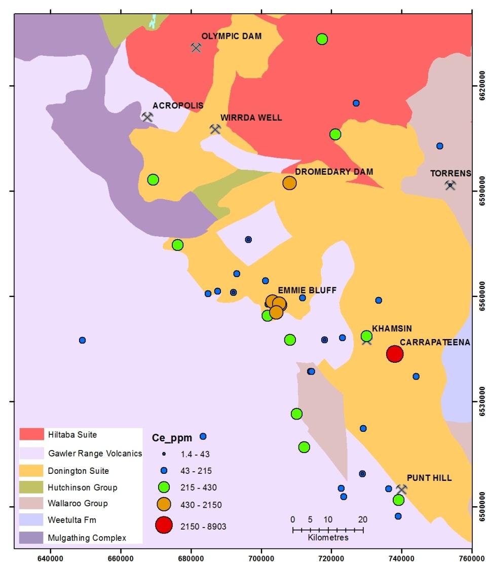 ? High Cu-Ce-La (Ag, As, Bi, U, W) Figure 6. Ce values from base of cover sampling in the central eastern Gawler Craton, South Australia on a solid geology base map.