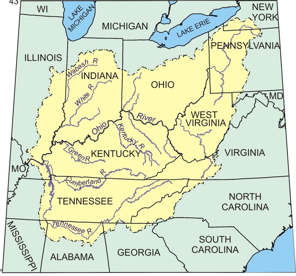 Ohio River Drainage Map shows Ohio River Drainage Basin. Begins at Pittsburgh & flows to the Mississippi River (981 miles long).