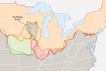 Ohio River Drainage Map shows glacial limits. Ice blocked north flowing rivers. Ponded water overtopped divides.
