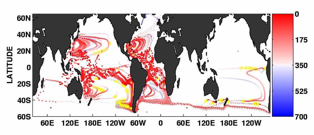 Float trajectories over 100 years Particles released in the SE Pacific SAMW formation region enter