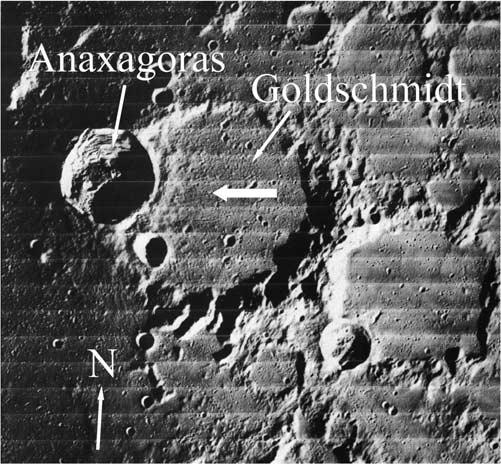 HAWKE ET AL.: LUNAR ANORTHOSITE 4-9 Figure 11. Portion of LO IV-116 H2. The horizontal arrow points to the location corresponding to the spectrum East of Anaxagoras C in Figure 9.