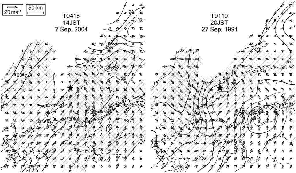 Fig.5 Fig.7 Peak Composite gusts at fields JMA of observatories, wind vector with (arrows), the corresponding temperature positions (isotherms), of the and typhoon rainfall center.