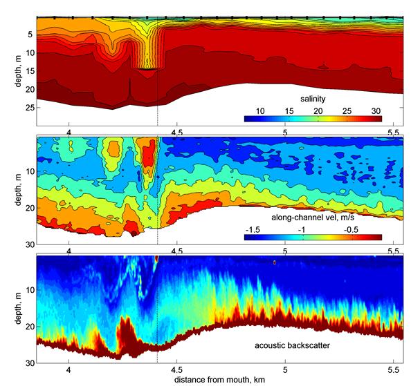 Figure 1. Contour plots of salinity, along-channel velocity and acoustic backscatter across the hydraulic jump during the ebb on 9 September, 2015.