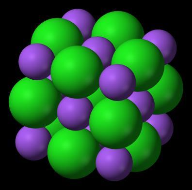 all other nearby ions with the opposite charge. The next illustration shows how this all-around attraction produces a network of sodium and chloride ions known as a sodium chloride crystal.