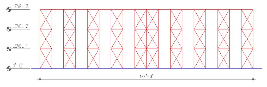 Figure 66 - Final Selected Braced Frame Configuration at Column Line 1 The final selected braced frame configuration consisted of ten braced frames that were spaced apart in an even pattern along