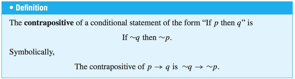 The Contrapositive of a Conditional Statement Conditional statement = its contrapositive.