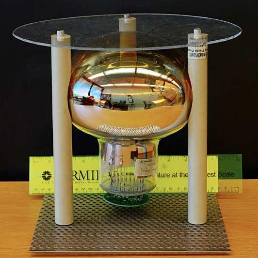 FIGURE 3. (color online). (Left) A mechanical model of a PMT unit of MicroBooNE. A 8 cryogenic PMT is supported by 3 PEEK posts with a wave length shifting plate on top.