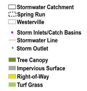 The Issues: SR_W23 stormwater catchment exhibits high impervious cover (38%) and low canopy cover (26%).