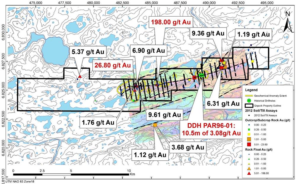 Qiqavik Exploration Potential High grade gold, copper, silver and zinc Ammaluttuq Lake High-grade gold anomalies over 12km strike length Limited drilling. Gold intercepts in historical drill hole: 3.