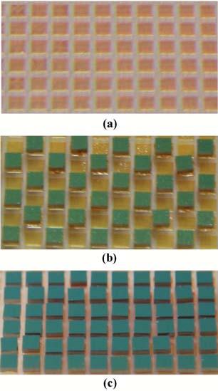 96 Figure 5.13: Permanent bonding of 790μm square parts: (a) an array of bonding sites covered with photoresist AZ4620; (b) parts bonded by the reflowed AZ4620 after one batch transfer (Figure 5.
