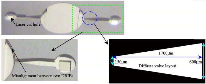 33 Figure 3.4: Microscope images of DRIEed silicon substrate and the diffuser valve layout.