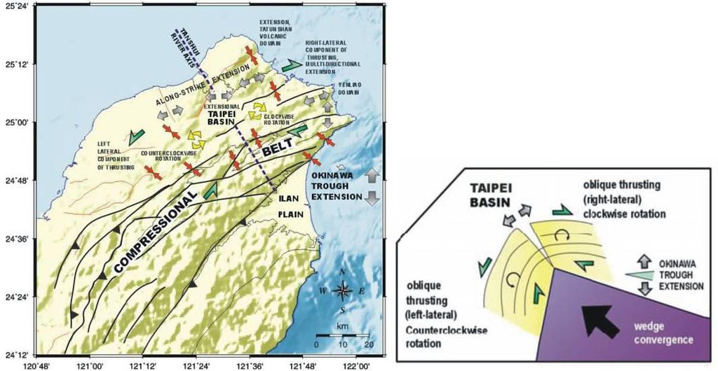 General structure N S extension dominates near the western tip of the Okinawa Trough (Ilan Plain and adjacent offshore