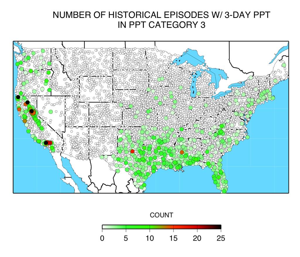 Number of Historical Storms with 3 Days of Precipitation of 12 inches or more West coast precipitation totals during atmospheric