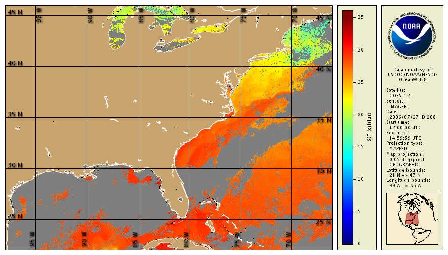 Figure 1. Sea surface temperature analysis from GOES imagery. void of data in the open ocean for weather forecasting to ensure safe and efficient ship routing. - Natural Hazards.