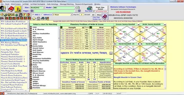 WS- (Lal Kitab Marriage Matching) Through this workscreen, you can see the Lagna Kundali and current Varshaphala Kundali of to be Bride and Groom along with planetary details of their charts and