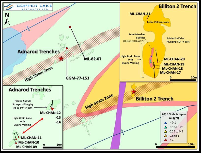 62% Cu Marshall Lake Copper Gold Project Gold Rich Zones: Adnarod Zone Mapped over 350m
