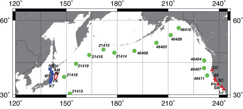 Figure 1.1 Map of the northern Pacific showing the location of the 2011 Tohoku earthquake (red ellipse) and the location of the observation points discussed in this paper.