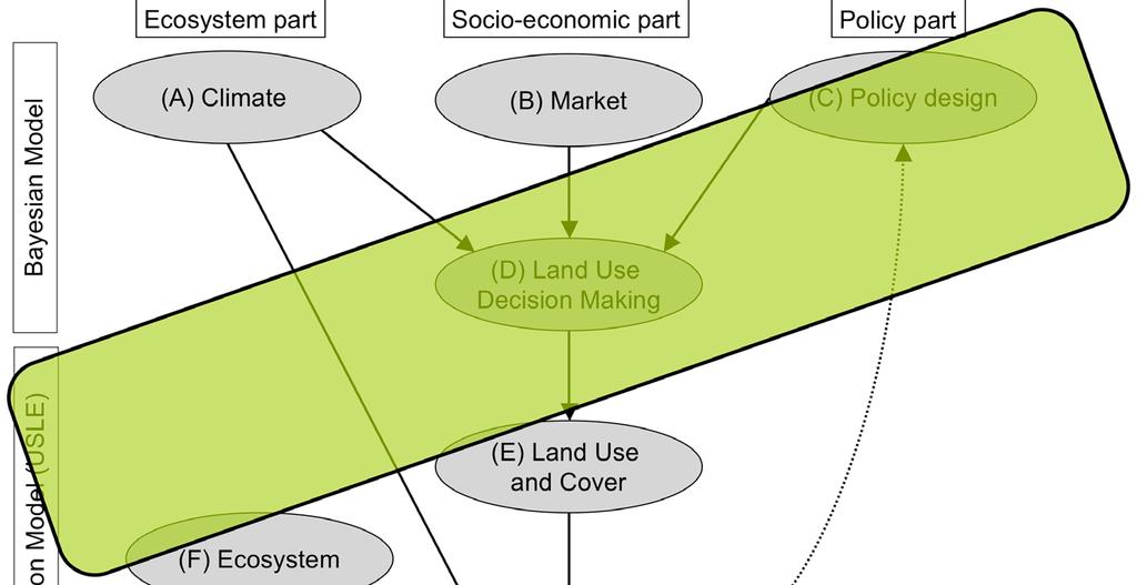 Bayesian model + process models Ecosystem part Socio-economic part Policy part Bayesian Model (A) Climate (B) Market (D) Land Use