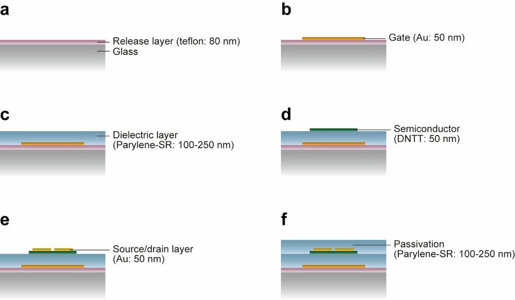 Fig. S1. Fabrication details of substrate-free organic transistors. (a) Fluoropolymer was spin-coated onto supporting glass plates to form an 80-nm-thick release layer.