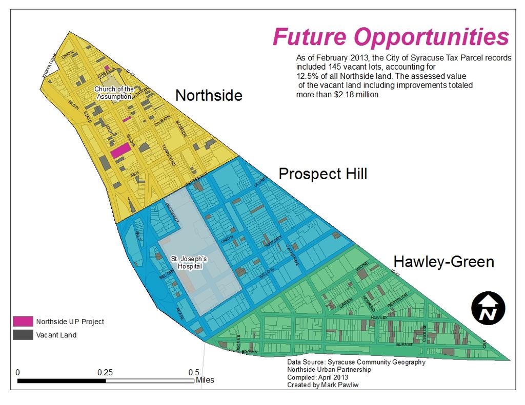 Future Opportunities Map Using the February 2013 City of Syracuse tax parcel records, this map identifies 145 vacant lots in the three Near Northside neighborhoods.