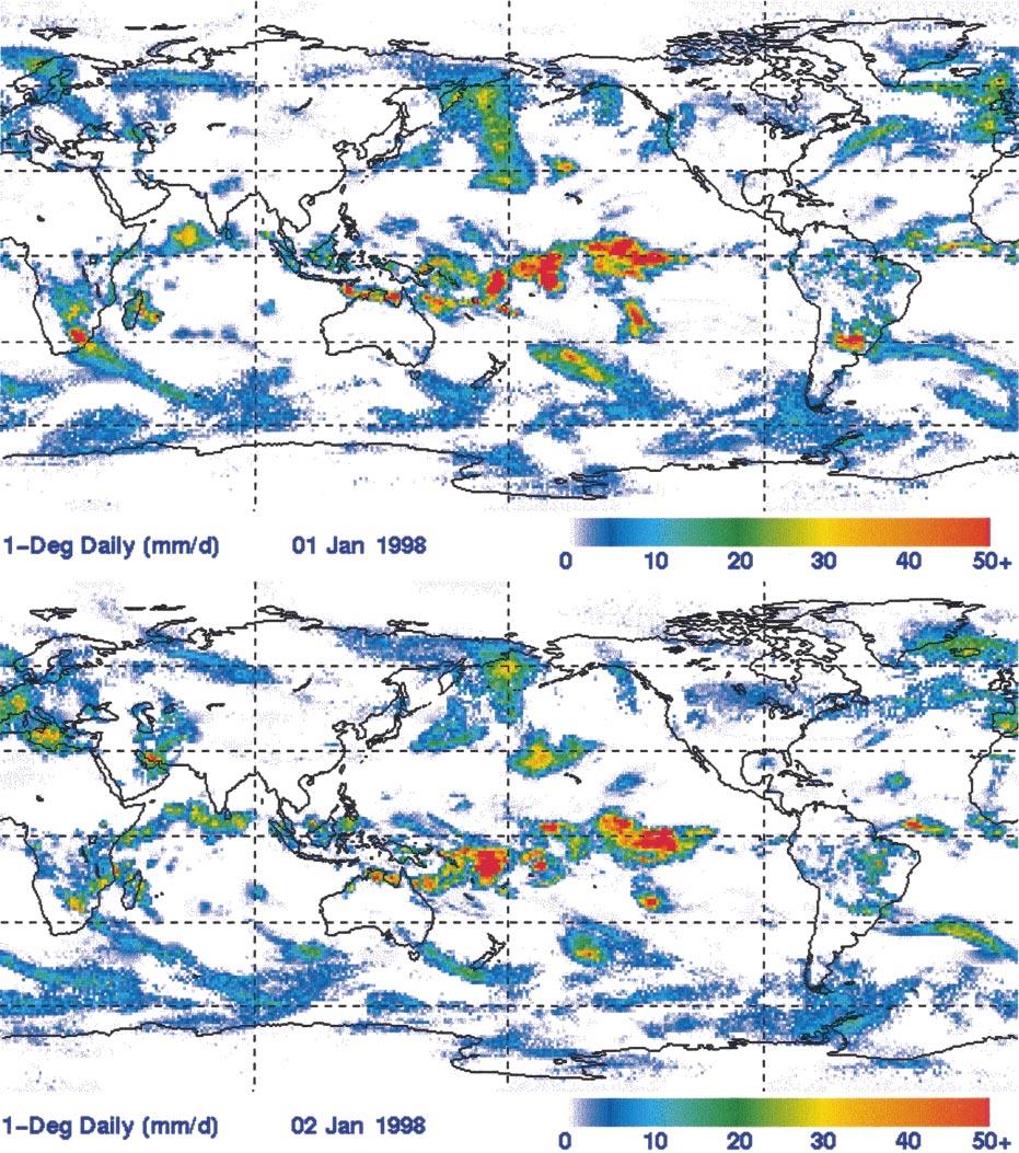 46 JOURNAL OF HYDROMETEOROLOGY FIG. 12. 1DD images for (top) 1 and (bottom) 2 Jan 1998 in millimeters per day. itative comparisons among the GPROF 6.