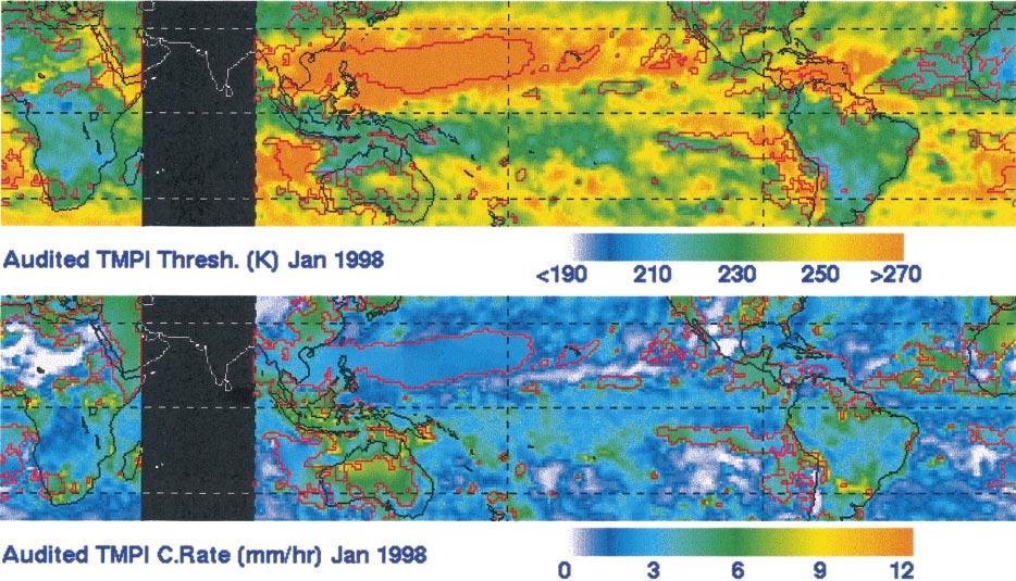 FEBRUARY 2001 HUFFMAN ET AL. 39 FIG. 3. Audited T b (rain) in kelvin (top), and audited R c in millimeters per hour (bottom) for the Jan 1998 TMPI.
