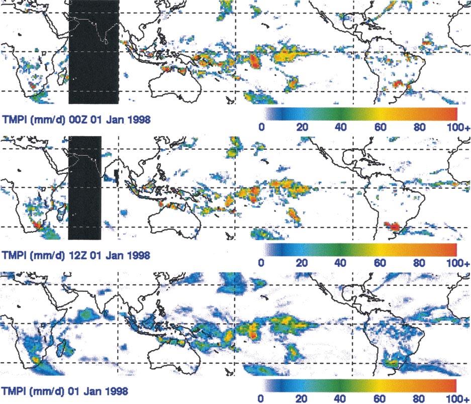 FEBRUARY 2001 HUFFMAN ET AL. 41 FIG. 5. Instantaneous 0000 UTC (top) and 1200 UTC (middle) TMPI, and daily TMPI (bottom) in millimeters per day for 1 Jan 1998. Blacked-out areas have no data.