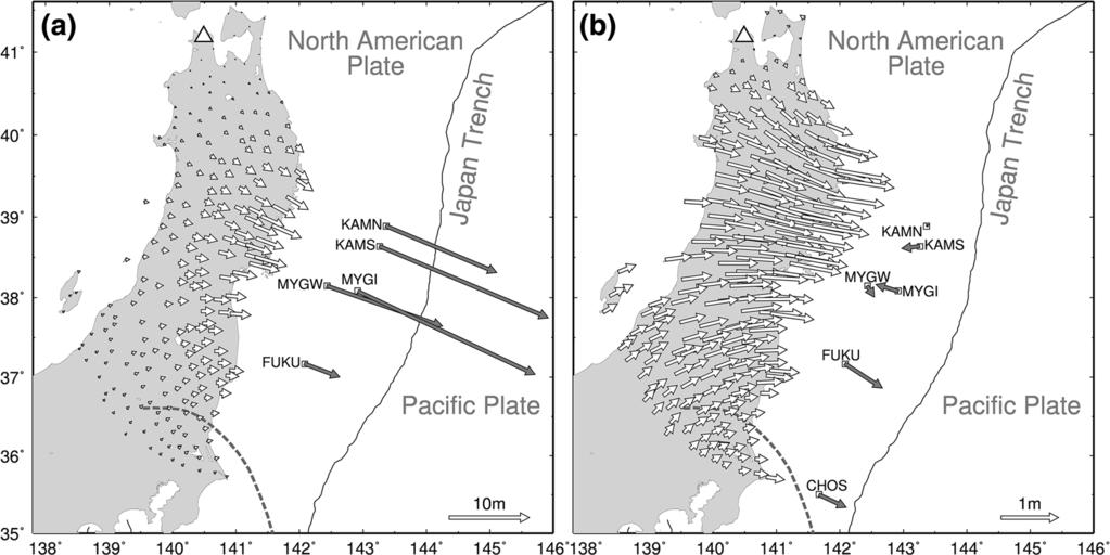 560 A. Noda et al. Pure Appl. Geophys. Figure 1 Coseismic and postseismic horizontal displacements associated with the 2011 Tohoku-oki earthquake.