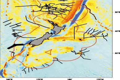 Figure 1: Satellite gravity map of the New Zealand region showing the 200 M EEZ and the location of surveys undertaken as part of the Continental Shelf Project.