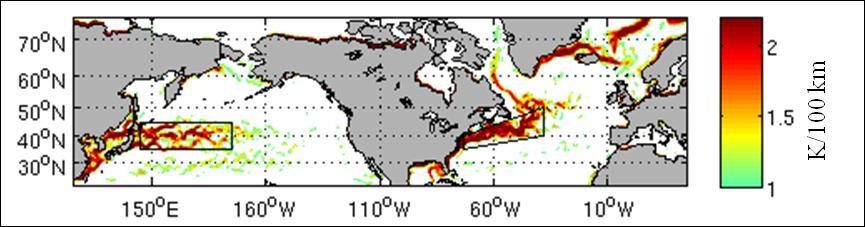 Winter (DJF) seasonal SST gradients (> 1 K/100 km) and data
