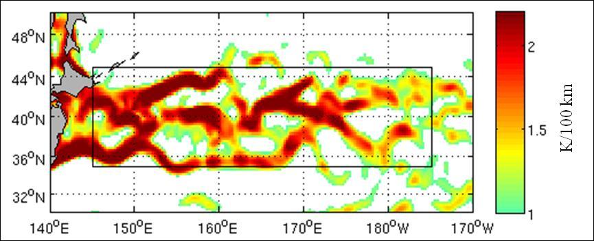 K / 100km K / 100km Winter (DJF) seasonal SST gradients (> 1 K/100 km) over the Kuroshio Extension 2 1.5 1 2.2 2 1.8 1,6 1.4 1.2 1.0 Winter (DJF) seasonal SST gradients (> 1 K/100 km) over the Gulf Stream 145.