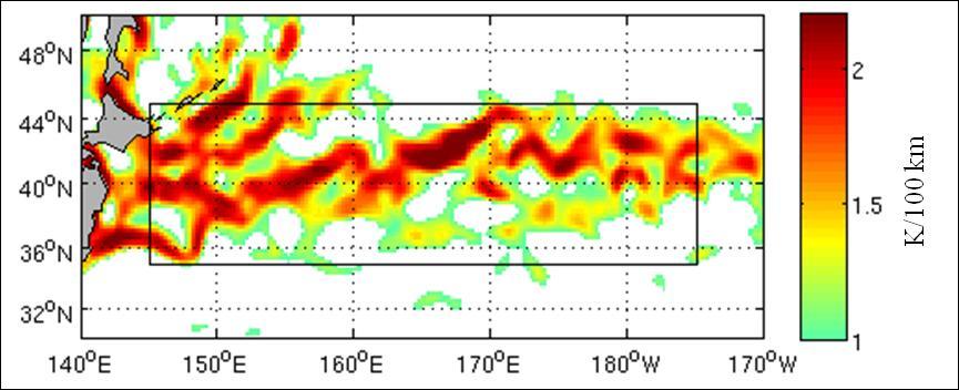 K / 100km K / 100km Summer (JJA ) seasonal SST gradients (> 1 K/100 km) over the the Kuroshio Extension 145.