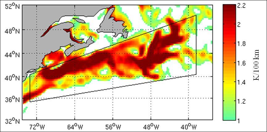 5 1 2.2 2 1.8 1,6 1.4 1.2 1.0 Summer (JJA) seasonal SST gradients (> 1 K/100 km) over the Gulf Stream 73.