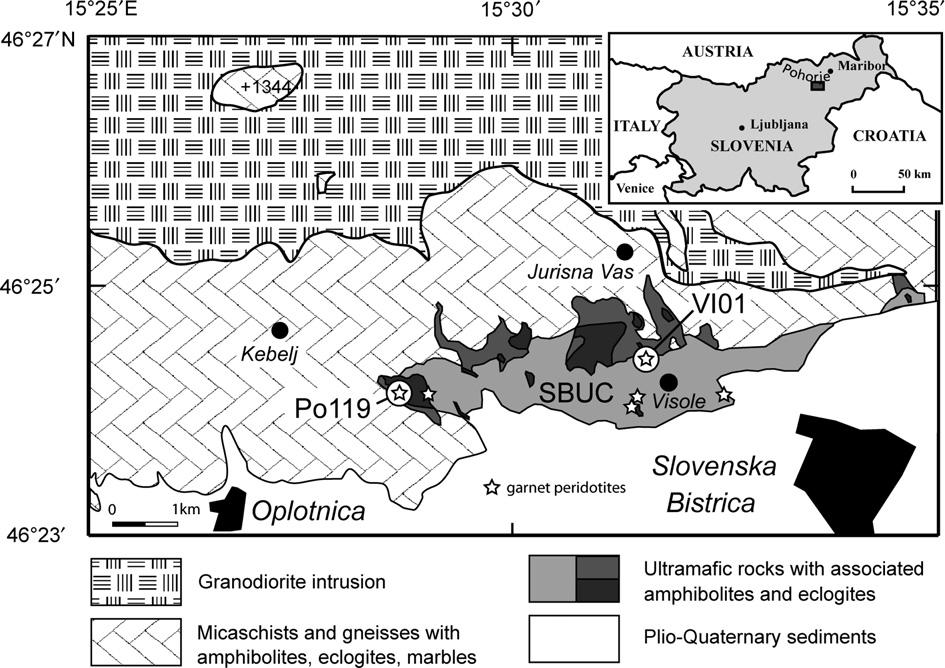 Geochemistry of Pohorje Garnet Peridotites 401 Figure 13.1 Simplified geological map of the southwest corner of the Pohorje Mountains (modified from Mioč & Žnidarčič, 1977 and Kirst et al.