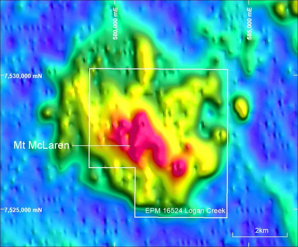 Mount McLaren Prospect (EPM 16524 Logan Creek) Classic porphyry signature: Multiple igneous intrusions (intersected in drill holes) Veins of quartz-iron oxide (after sulphide) Silica-sericite
