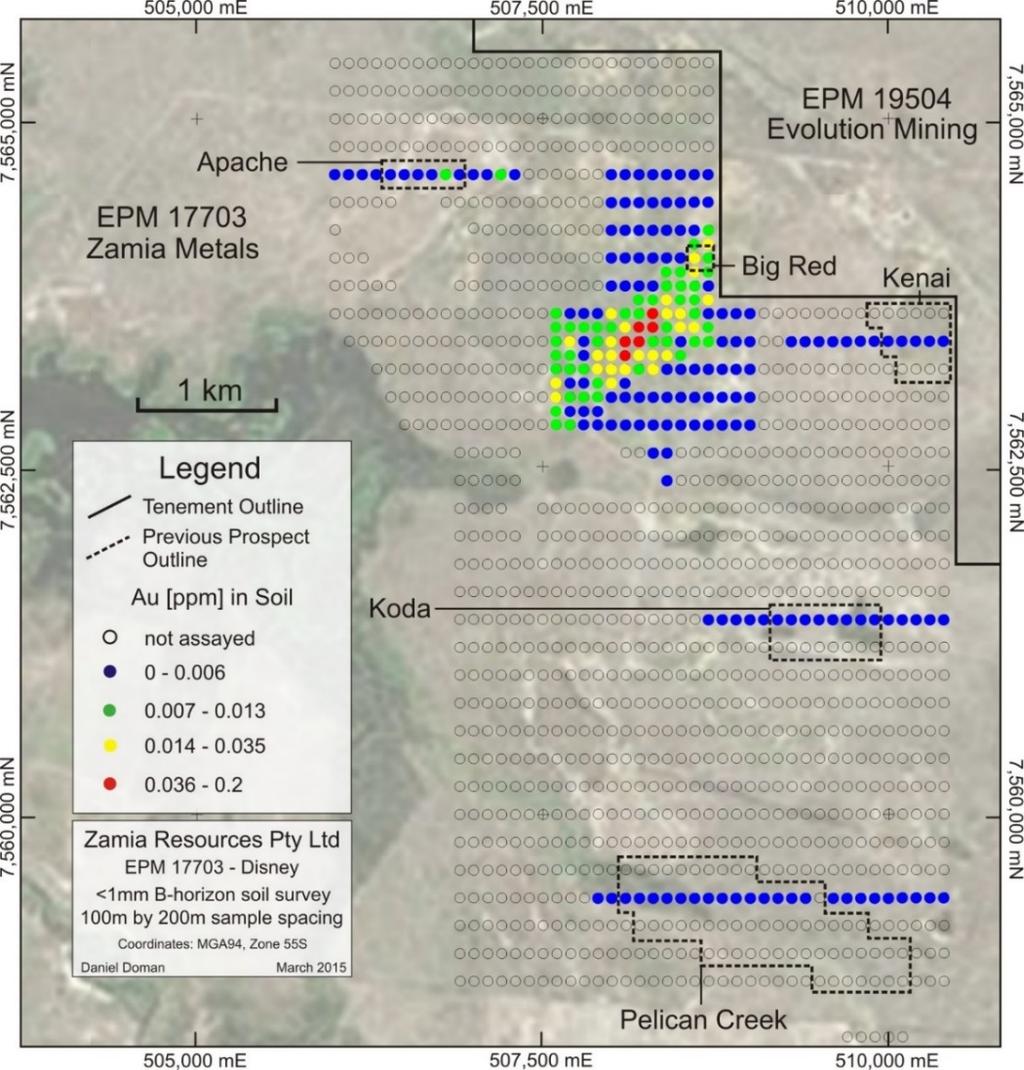 Big Red Prospect (EPM 17703 Disney) Gold-in-soil anomaly extends over 1.5 km strike length Surface rubble includes hydrothermal breccia containing up to 1.