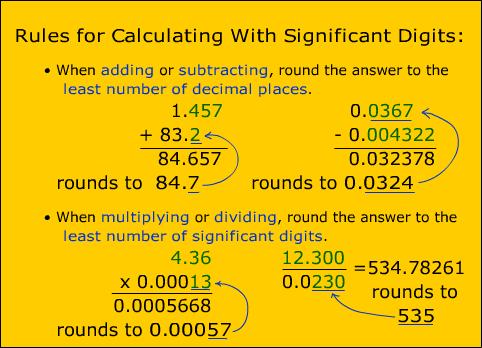 6. Significant digits in calculations 1. 2. Addition and subtraction example: 1. Let's say two measurements were take and they came out to 1.3 cm and 2.
