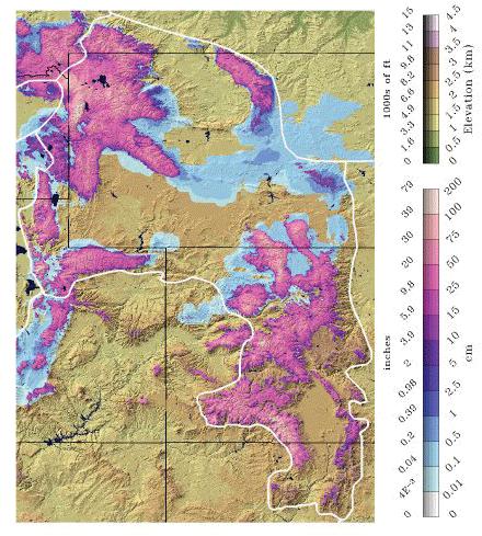 snowmelt, etc) with corresponding topographic observations (e.g. elevation, vegetation cover) and atmospheric observations (e.g. air temperature) for a given area.